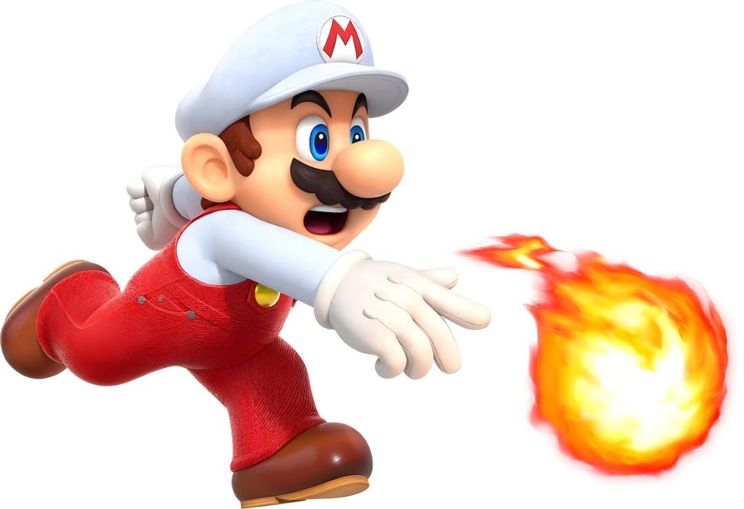 شخصیت ماریو (Mario) در حال پرتاب گلوله آتشین در فضای سفید