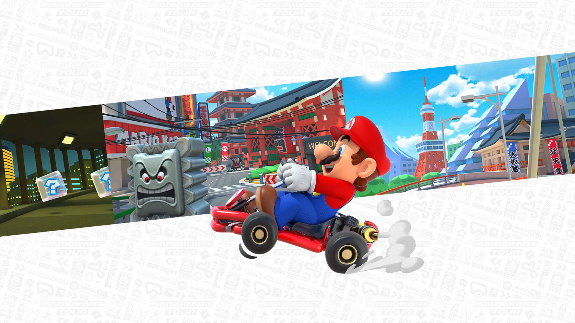 کاراکتر ماریو در پس‌زمینه‌ای از پیست‌های مختلف بازی Mario Kart 8 Deluxe