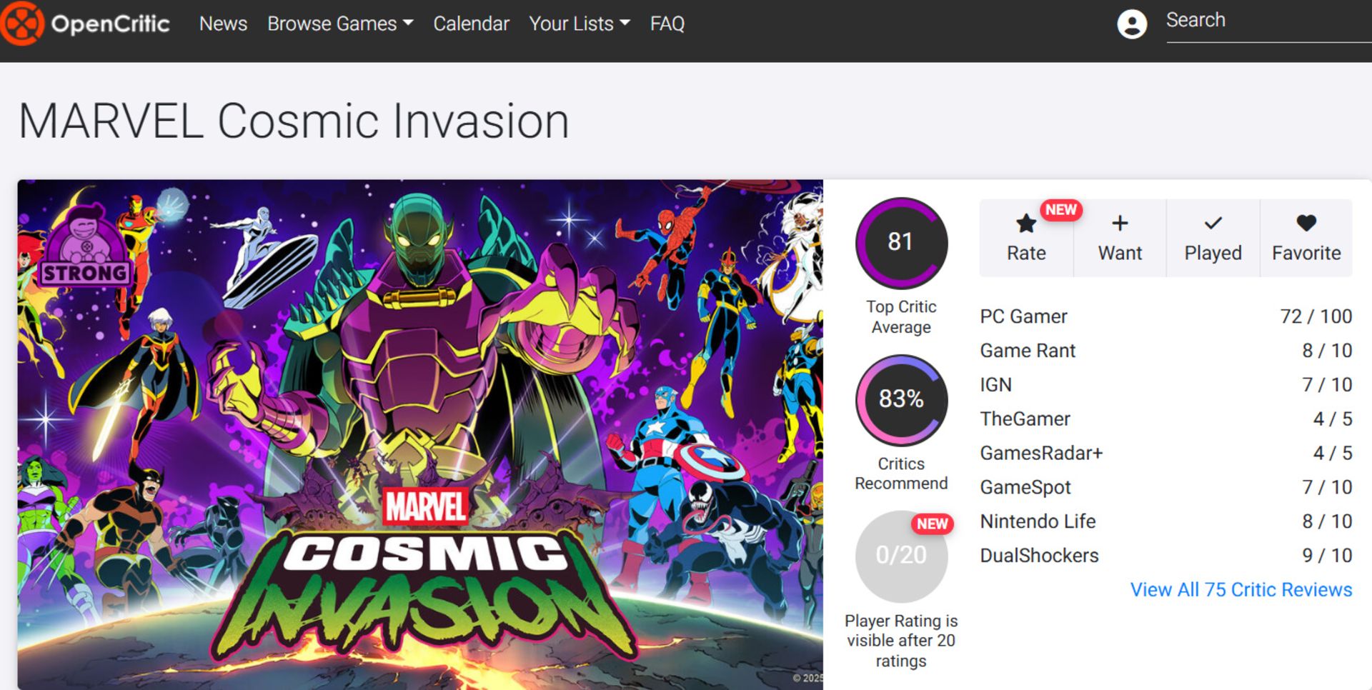 میانگین نقدها و نمرات بازی Marvel Cosmic Invasion در وب‌سایت اوپن‌کریتیک (OpenCritic)