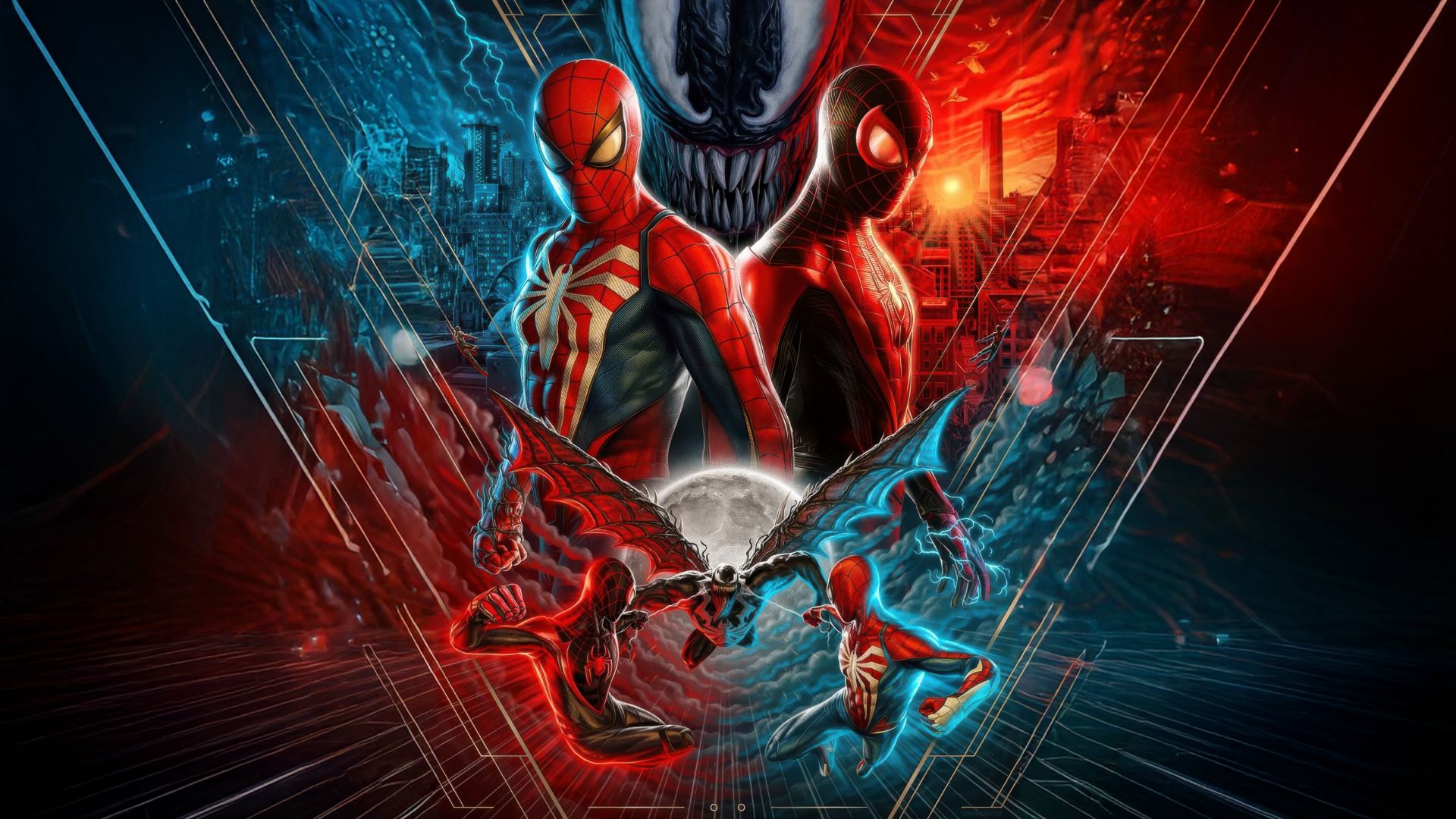 یک فن آرت زیبا و جذاب از شخصیت‌های پیتر پارکر (Peter Parker)، مایلز مورالز (Miles Morales) و ونوم (Venom) در بازی Marvel's Spider-Man 2