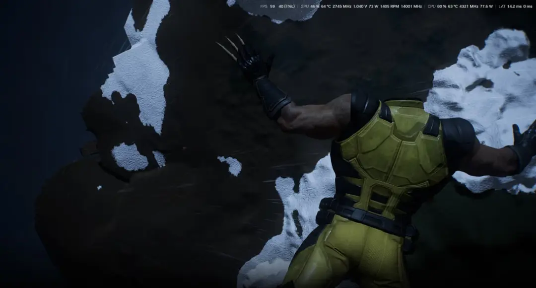 شخصیت وُلوورین (Wolverine) با چنگال‌های فلزی در محیط برفی بازی