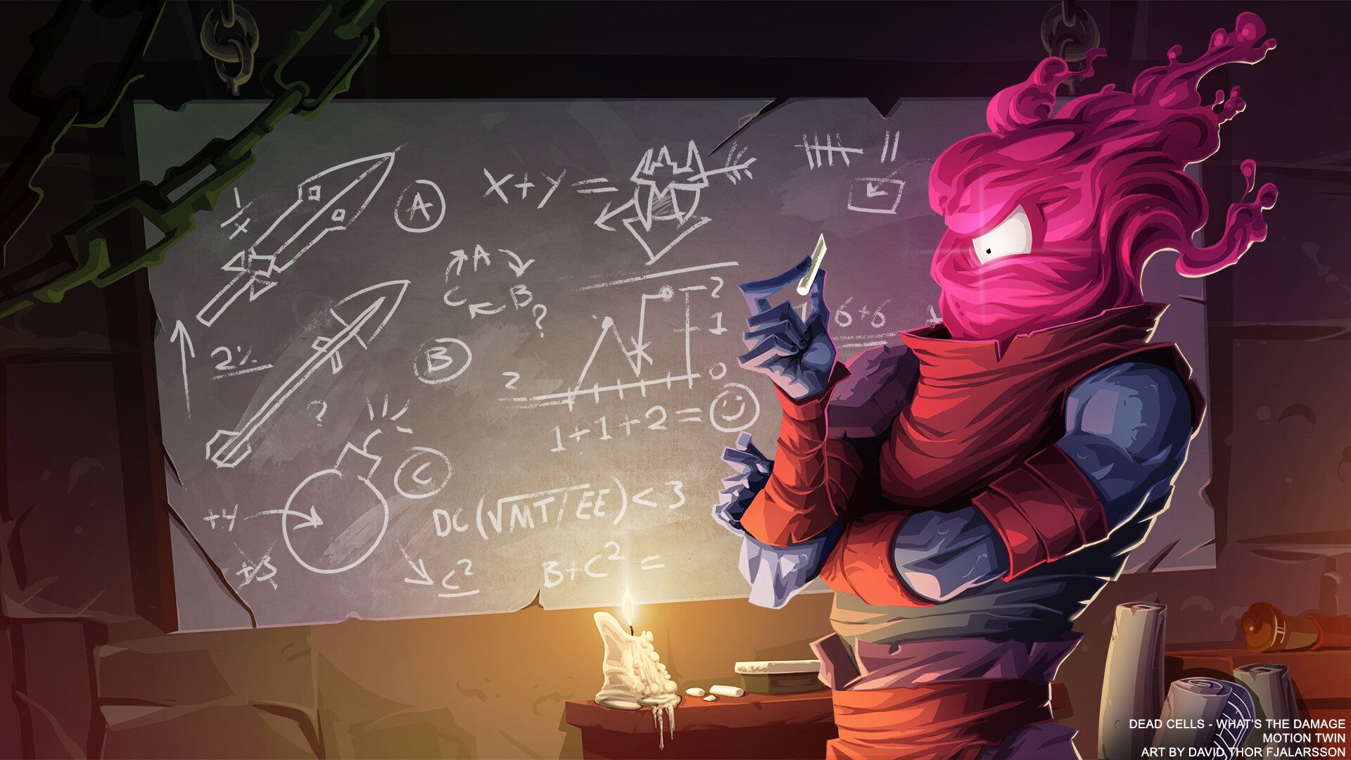 شخصیت اصلی بازی Dead Cells مشغول حل مسائل پیچیده فیزیک و ریاضی