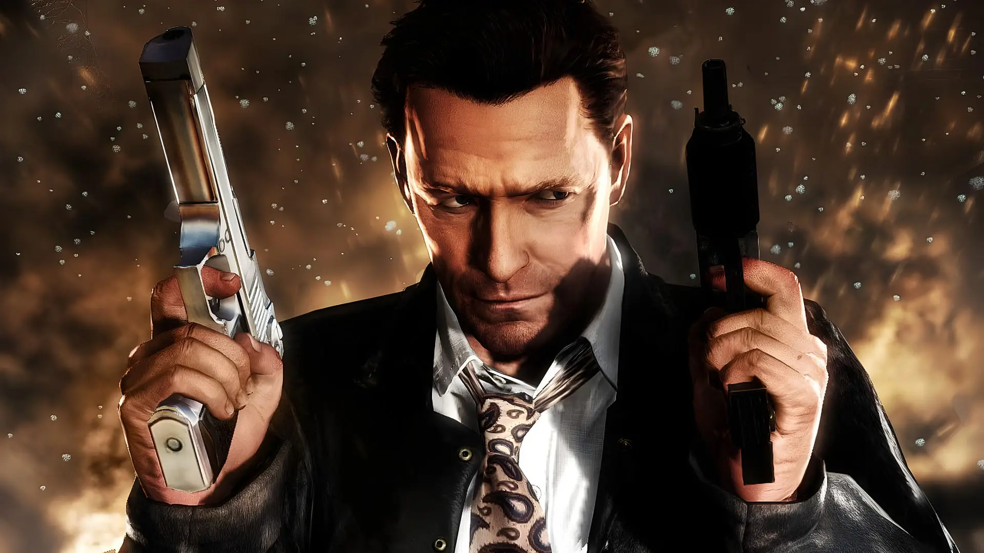 مکس پین (Max Payne) با دو قبضلی در دست در مقابل پس‌زمینه آتشین