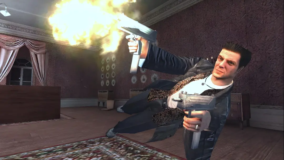 مکس پین (Max Payne) در حال شلیک با دو تفنگ در محیط داخلی