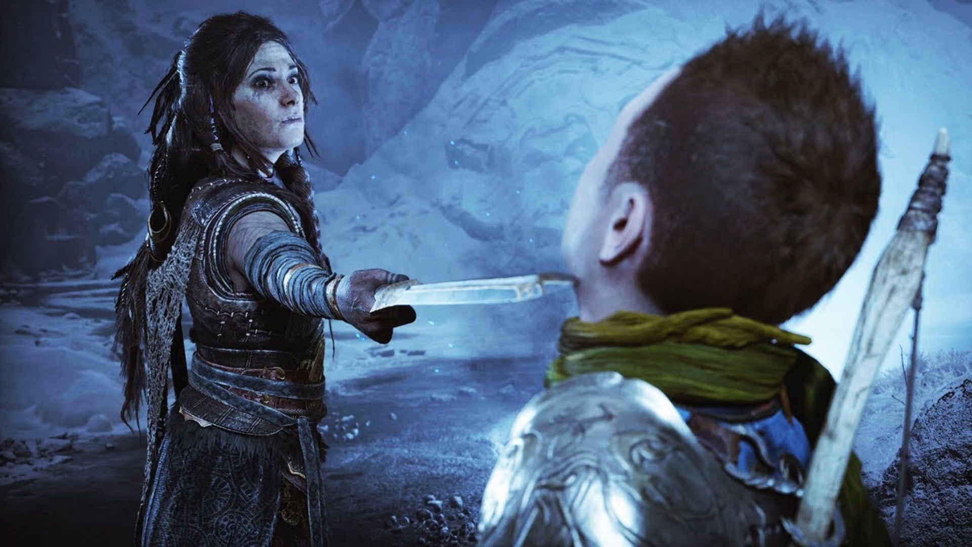 فریا درحال تهدید آترئوس در بازی god of war ragnarok