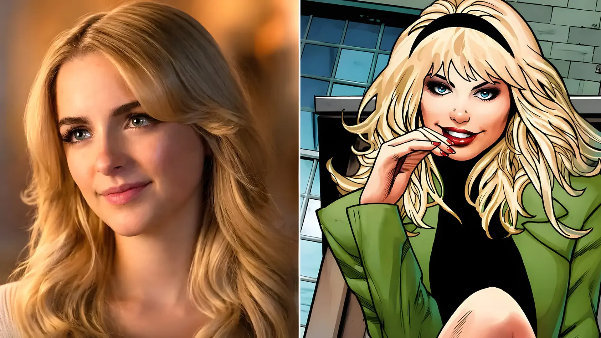 چهره مکینا گریس (McKenna Grace) در کنار تصویر کمیک‌بوکی شخصیت گوئن استیسی (Gwen Stacy)
