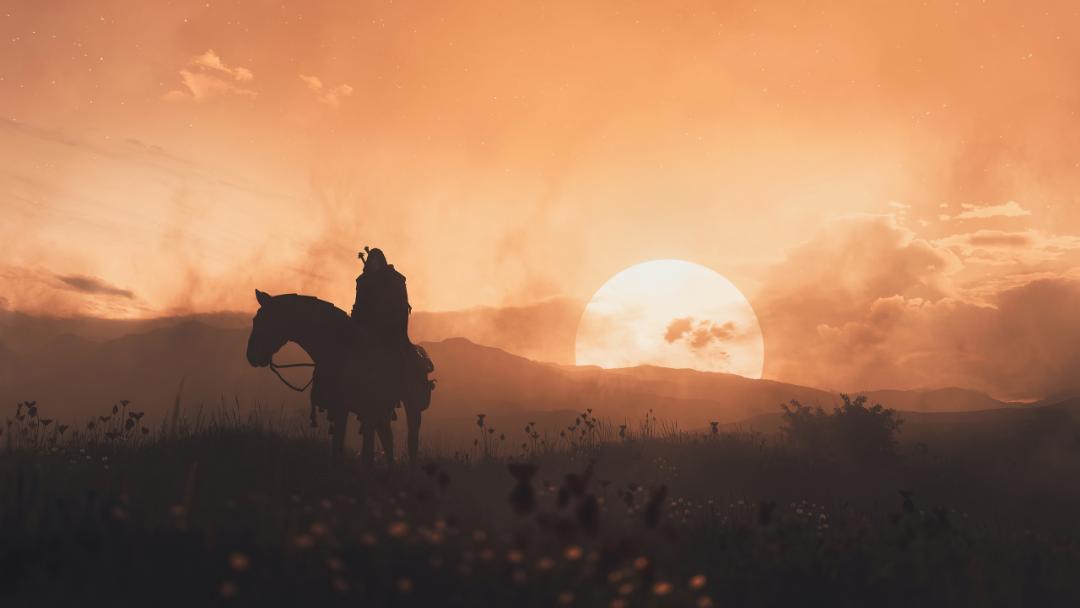 طلوع خورشید در دشت پر از گل در بازی The Witcher 3 Wild Hunt