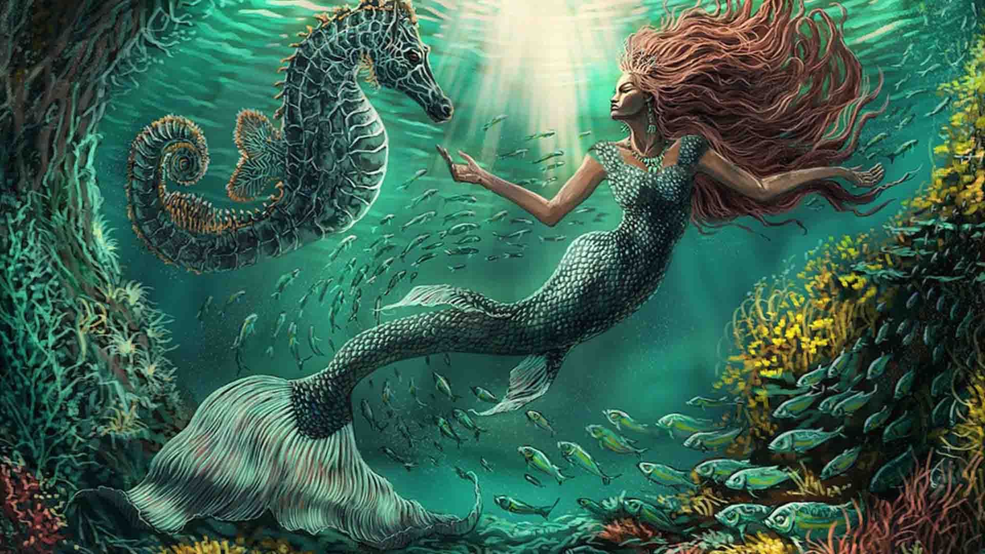 پری دریایی به همراه یک اسب آبی در اقیانوس
