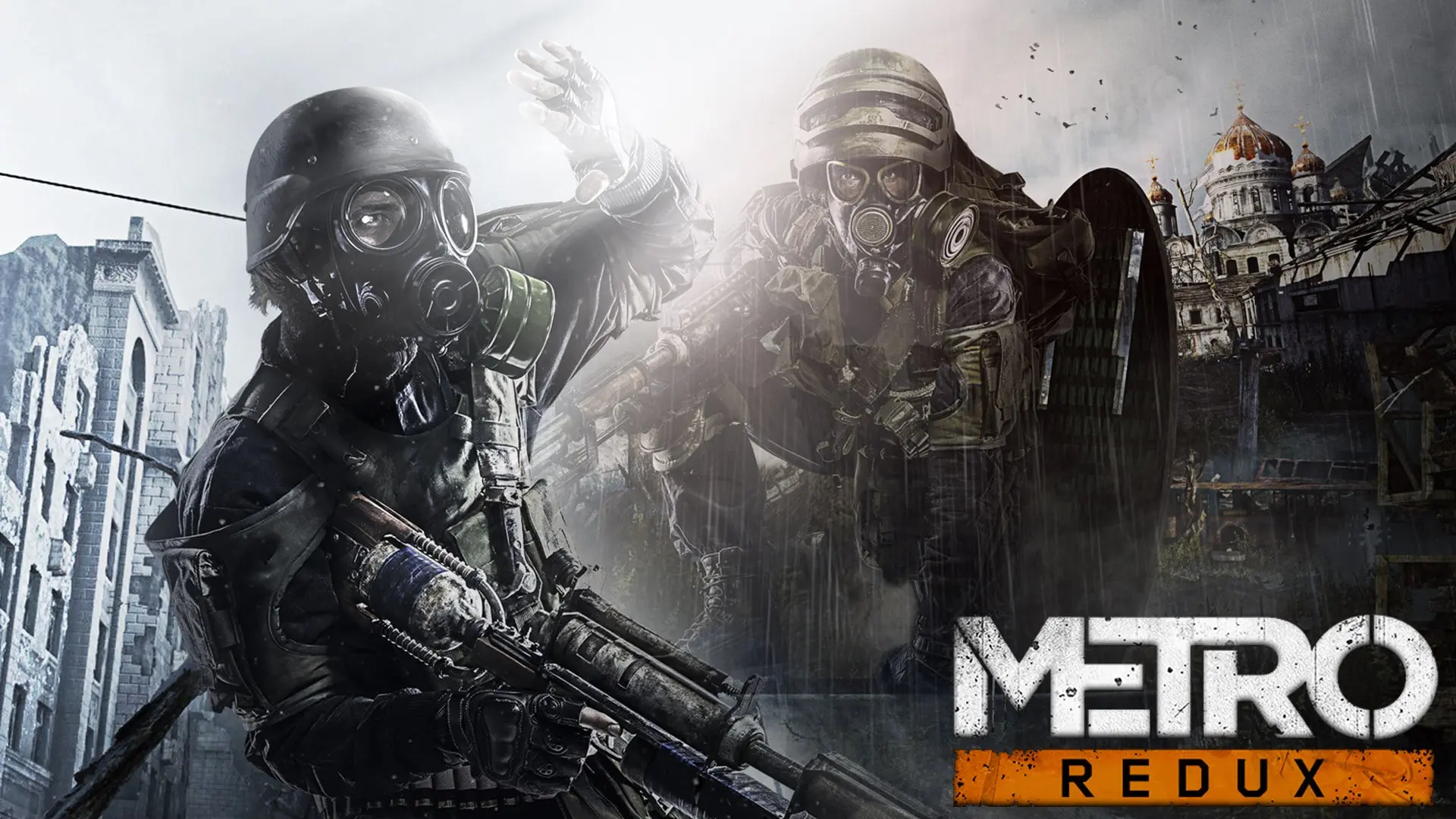 شخصیت‌های بازی مترو ردکس (Metro Redux) با ماسک ضدگاز و سلاح در محیطی ویران‌شده
