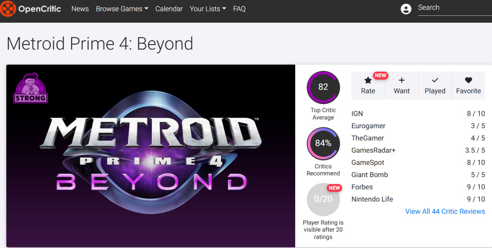 میانگین نقدها و نمرات بازی Metroid Prime 4: Beyond در وب‌سایت اوپن‌کریتیک (OpenCritic)