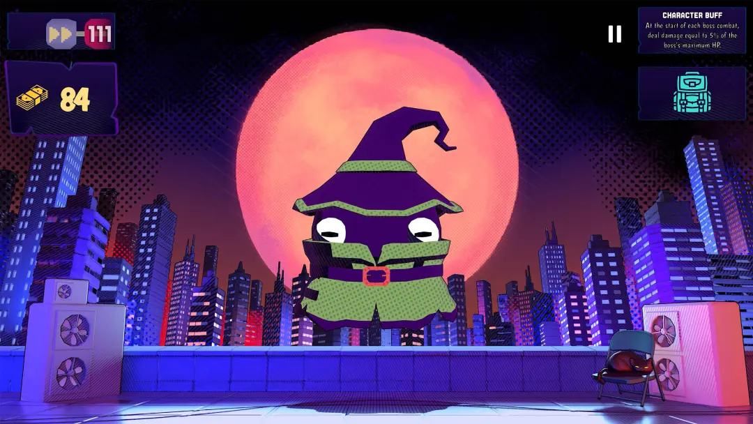 شخصیت کارتونی جادوگر در محیط بازی Midnight Rogues با پس‌زمینه شهر