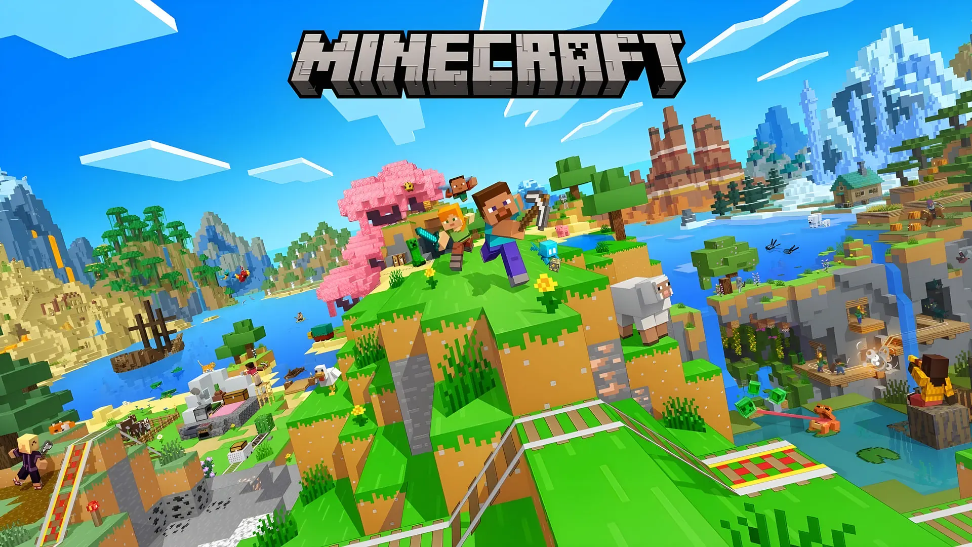 شخصیت‌های بازی ماینکرفت (Minecraft) در یک دنیای بلوکی و متنوع