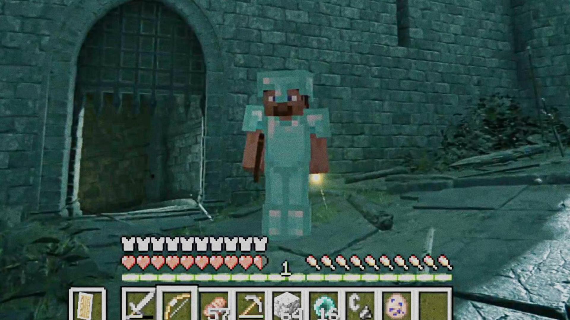 کاراکتر ماینکرفت (Minecraft) با زره در محیط بازی الدن رینگ (Elden Ring)