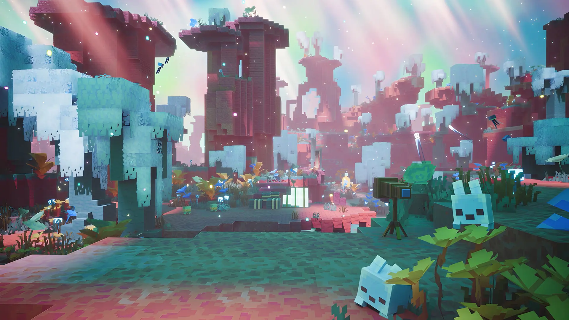 منظره‌ای از بُعد جدید بازی ماینکرفت (Minecraft) با ساختارهای بلوکی و موجودات رنگارنگ
