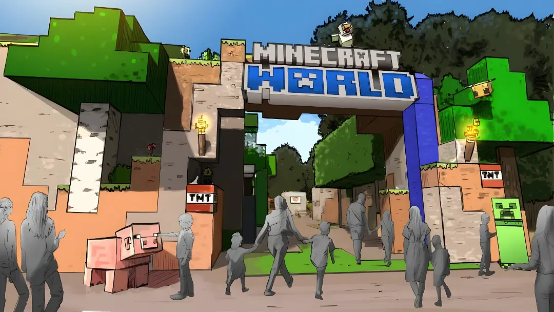ساختمان ورودی شهربازی ماینکرفت (Minecraft World) با طراحی بلوکی و پیکسل‌آرت
