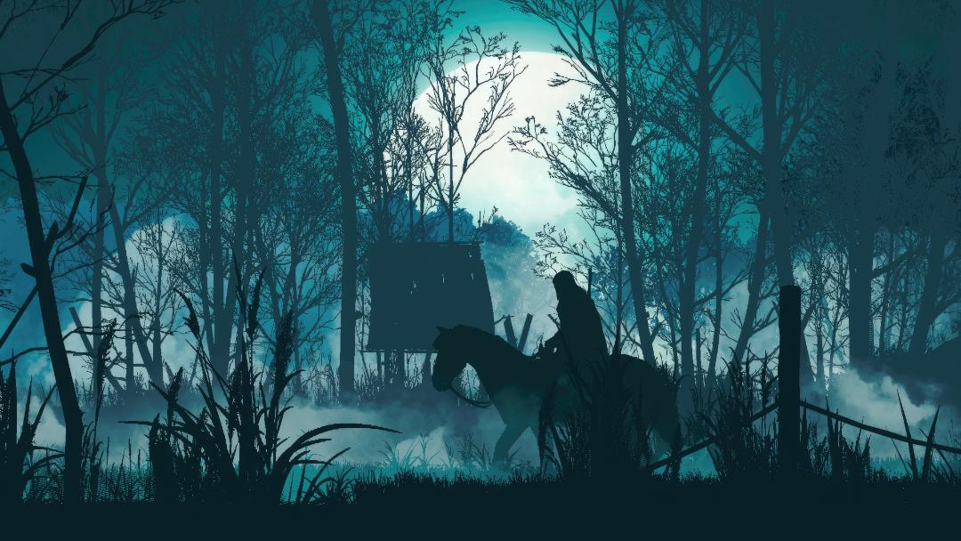 گرالت (Geralt) و جنگل مه‌آلود در بازی The Witcher 3: Wild Hunt