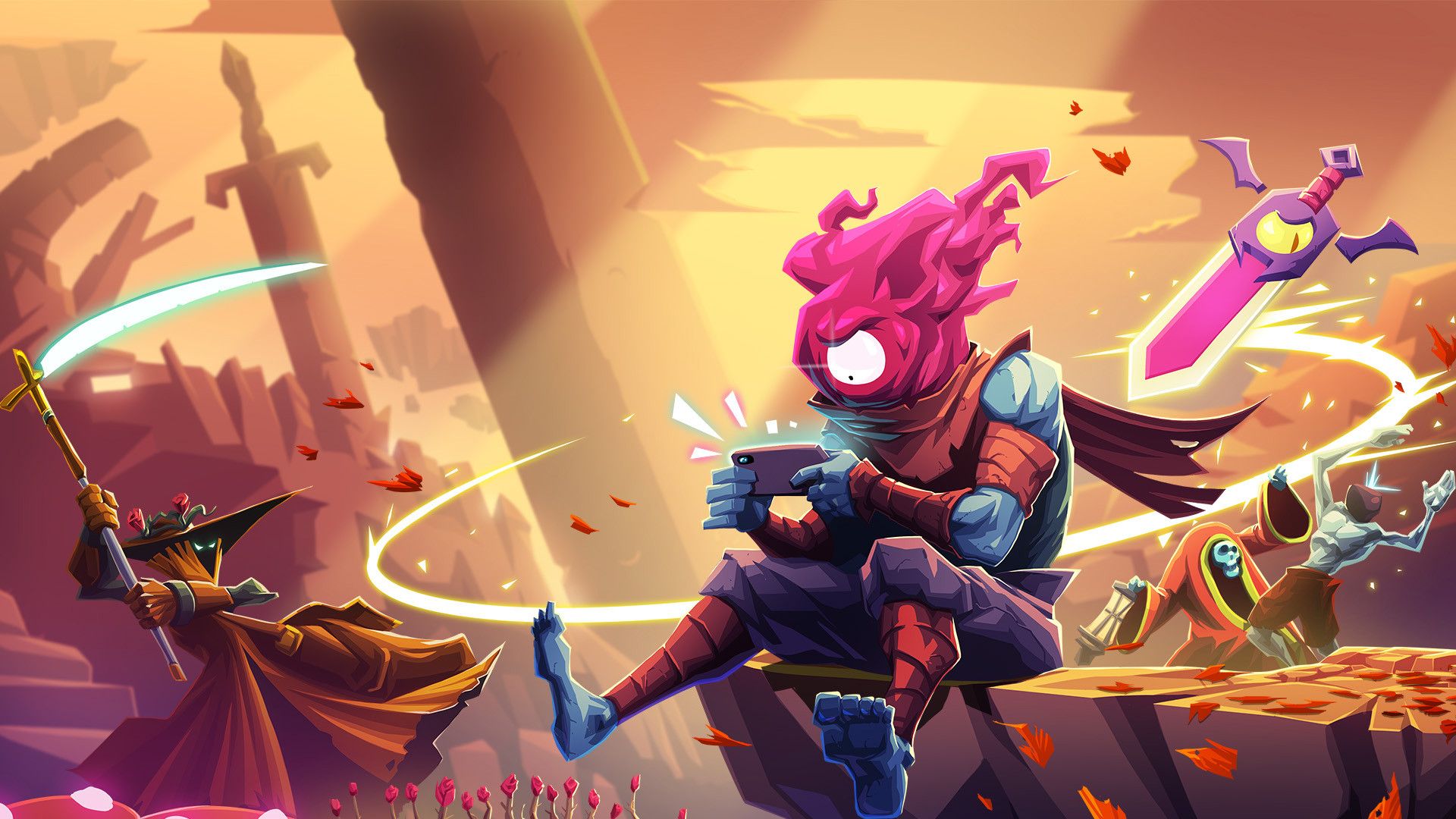 شخصیت اصلی بازی Dead Cells مشغول کار با گوشی موبایل