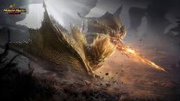 هیولای طلایی‌رنگ در محیط بیابانی بازی Monster Hunter Outlanders (Monster Hunter Outlanders)