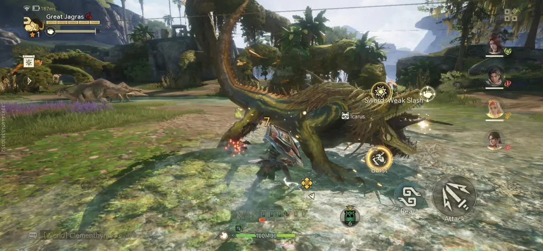 هیولای Great Jagras (Great Jagras) در محیط جنگلی بازی Monster Hunter Outlanders