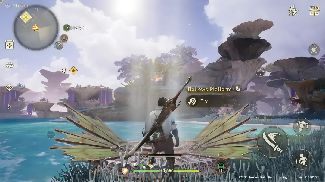 شکارچی در محیط بازی Monster Hunter Outlanders روی سکوی Bellows Platform ایستاده است