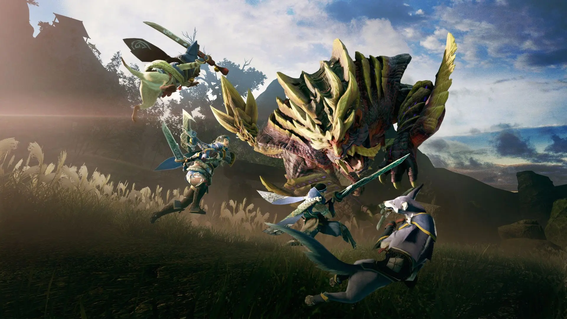 مبارزه شخصیت‌های بازی Monster Hunter Rise با یک هیولای بزرگ