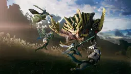 مبارزه شخصیت‌های بازی Monster Hunter Rise با یک هیولای بزرگ