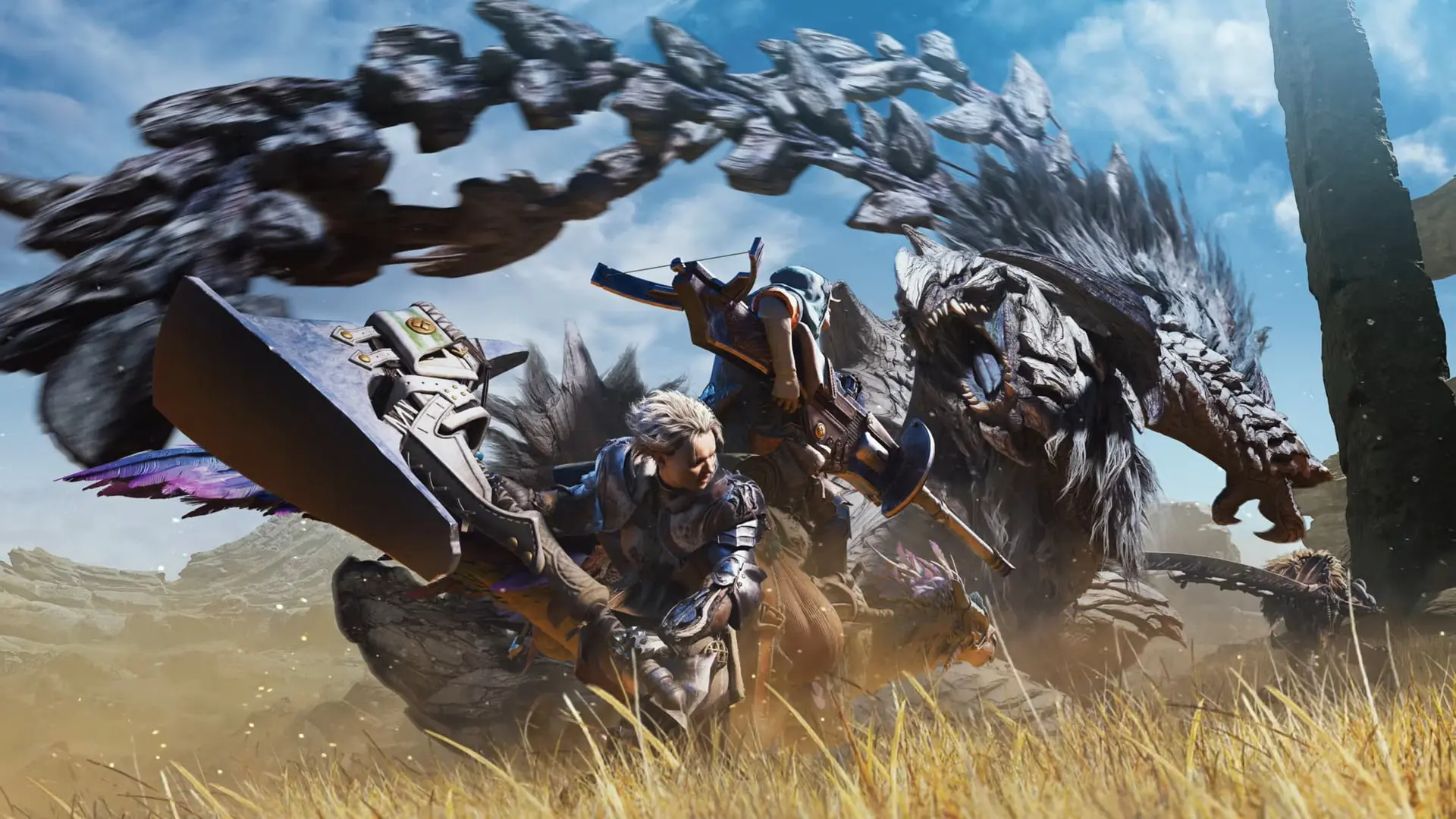 شکارچیان در حال نبرد با هیولای عظیم در بازی Monster Hunter Wilds