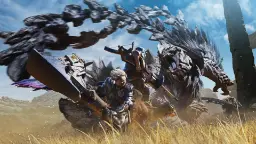 شکارچیان در حال نبرد با هیولای عظیم در بازی Monster Hunter Wilds