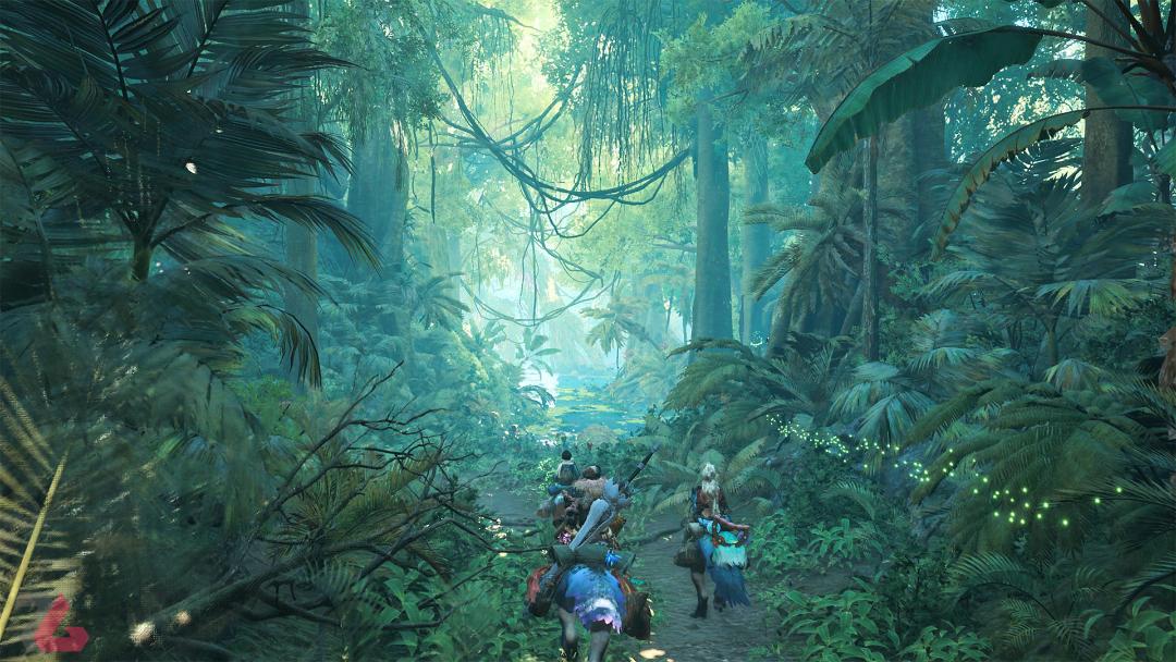 محیط جنگلی زیبا با شاخ و برگ های فراوان در بازی Monster Hunter Wilds (مانستر هانتر وایلدز)