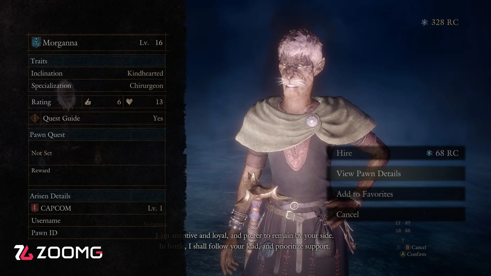 کاراکتر مورگانا (Morgana) در منوی مدیریت پاون (Pawn) بازی Dragon's Dogma 2