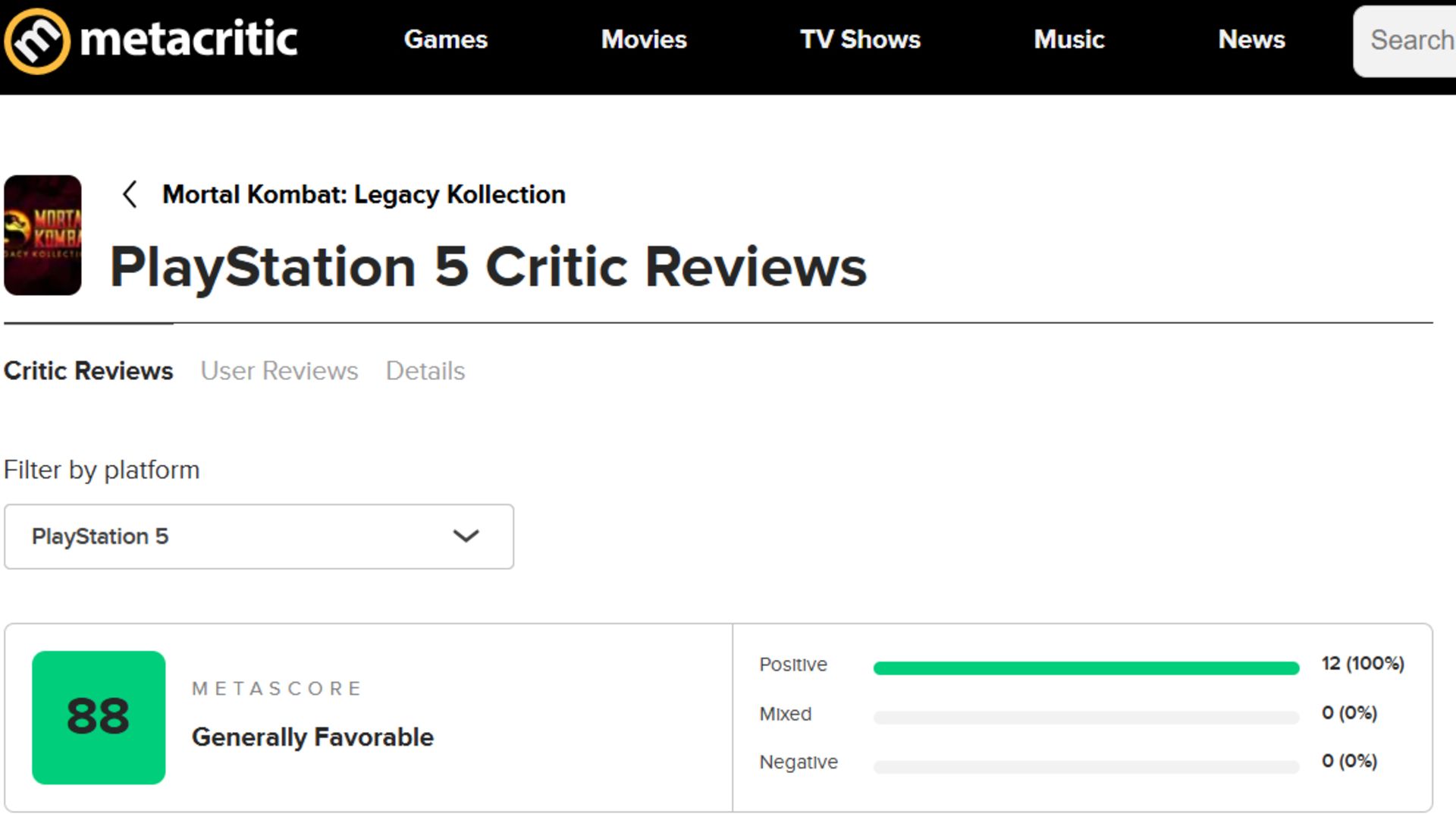میانگین نقدها و نمرات بازی Mortal Kombat: Legacy Kollection در وب‌سایت متاکریتیک (Metacritic)