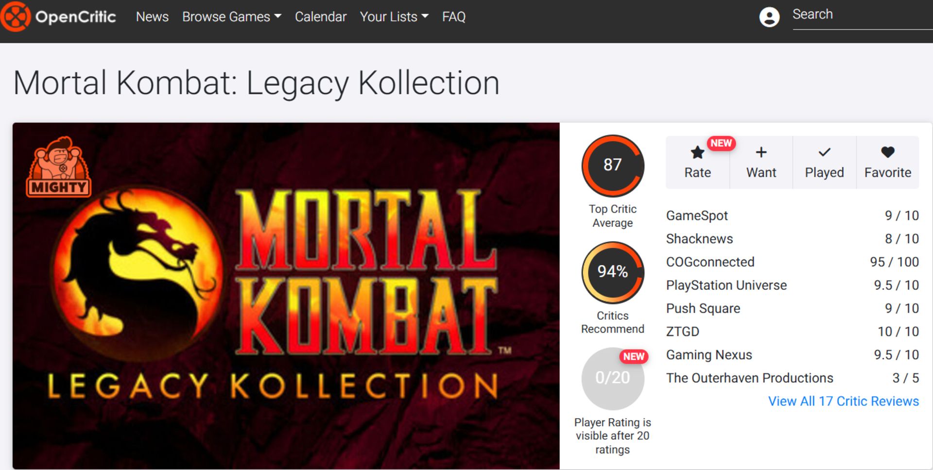 میانگین نقدها و نمرات بازی Mortal Kombat: Legacy Kollection در وب‌سایت اوپن‌کریتیک (Opencritic)