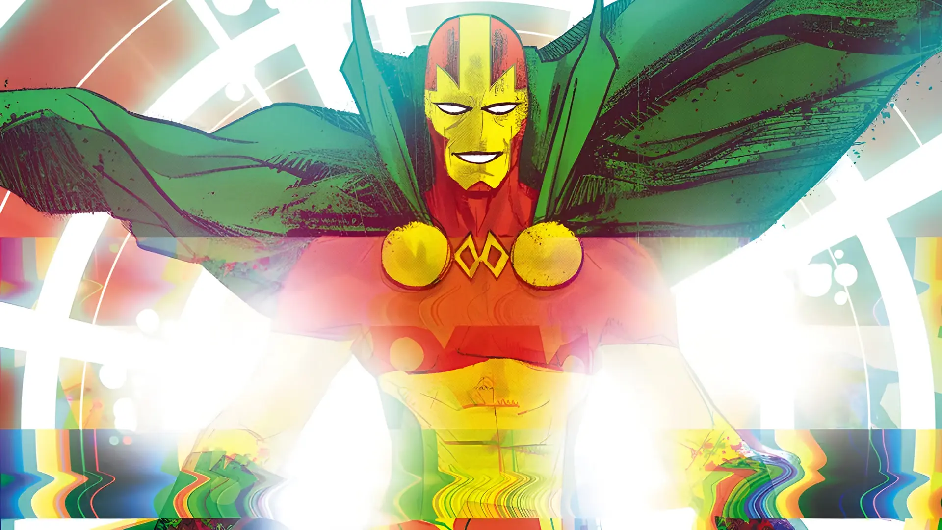 شخصیت ابرقهرمانی مستر میراکل (Mr. Miracle) با شنل سبز و لباس قرمز