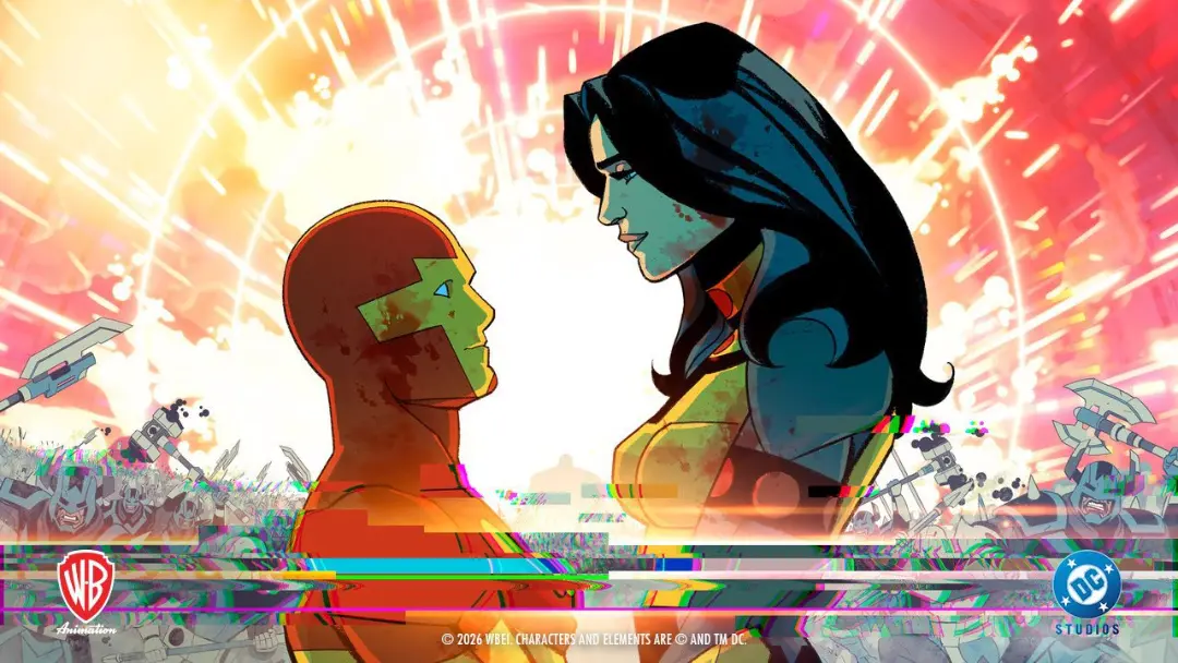 شخصیت‌های انیمیشن Mr. Miracle (Mister Miracle) در مقابل پس‌زمینه‌ای انفجاری