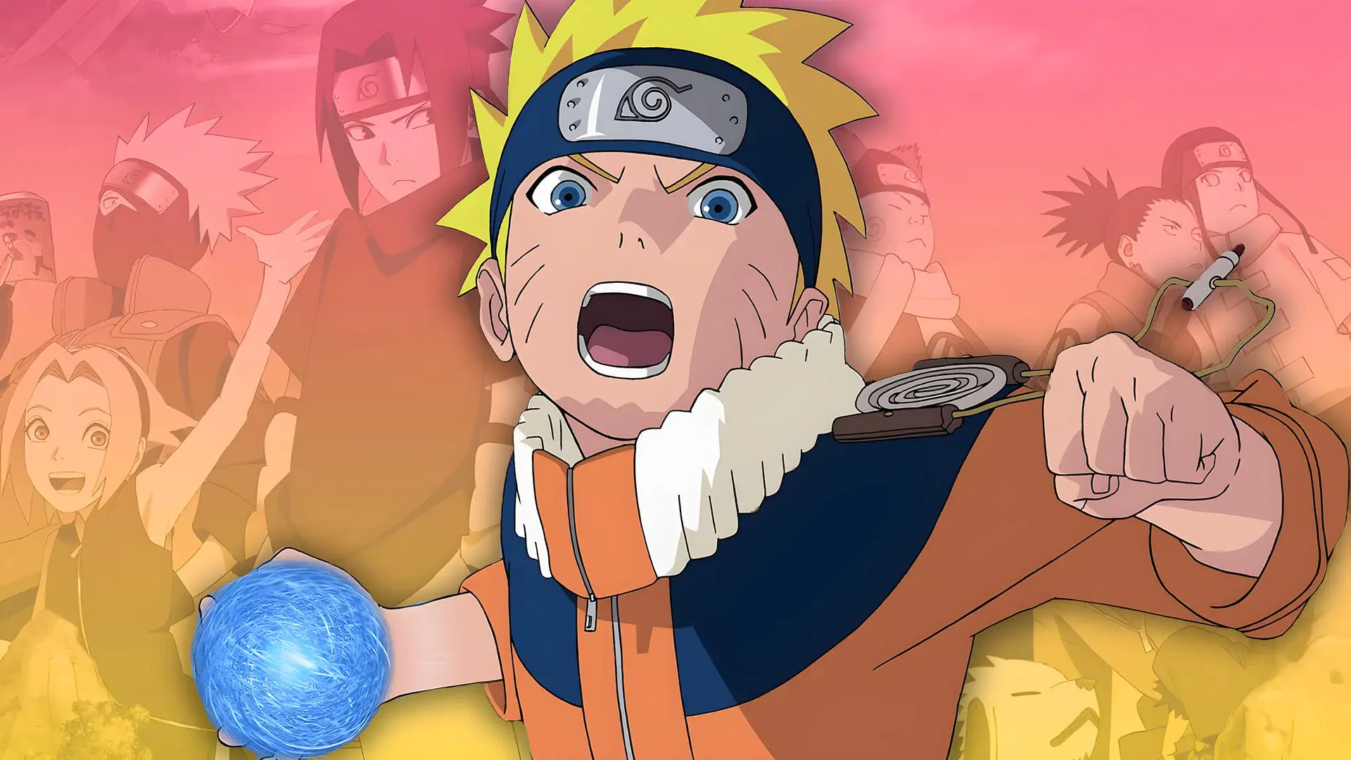 ناروتو (Naruto) با گوی انرژی آبی در حال مبارزه در مقابل سایر شخصیت‌ها