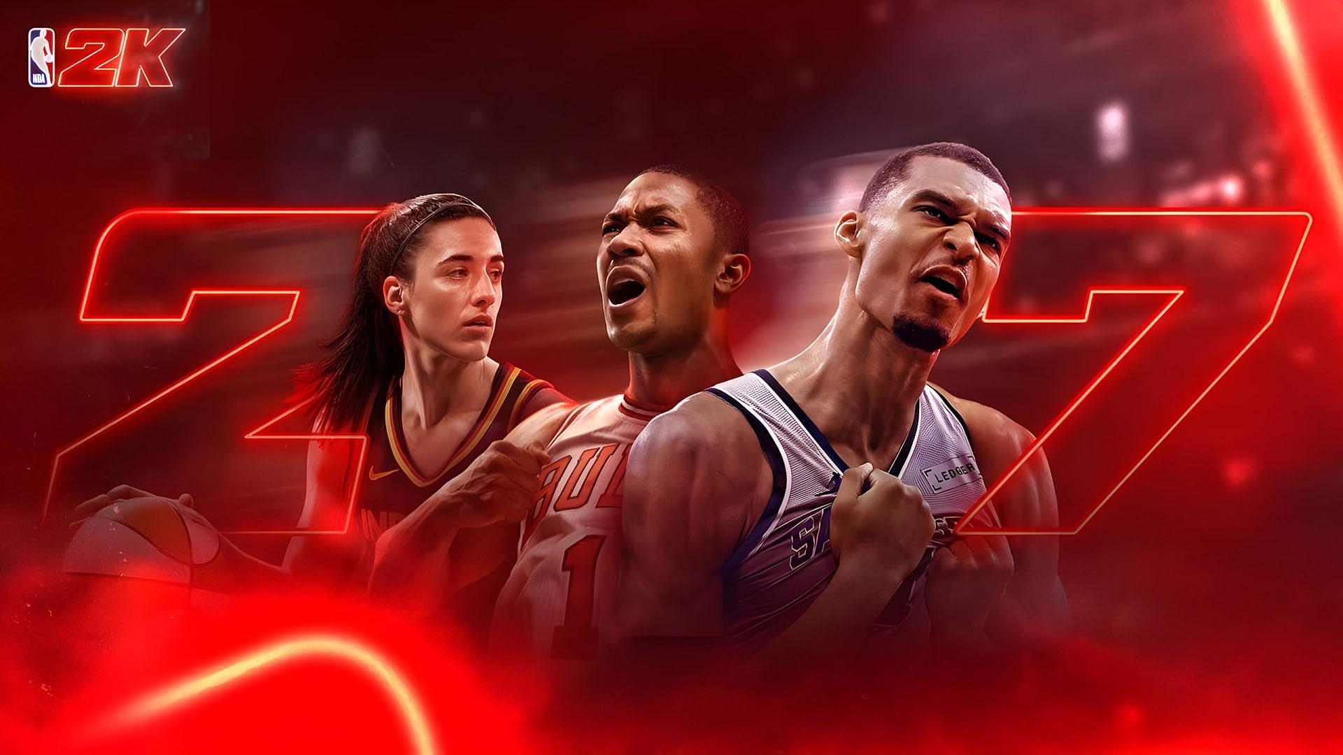 بازیکنان بسکتبال در پوستر بازی NBA 2K27 با پس‌زمینه قرمز