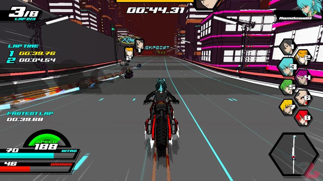 رانندگی با موتورسیکلت در دور دوم در بازی Neon Apex: Beyond the Limit