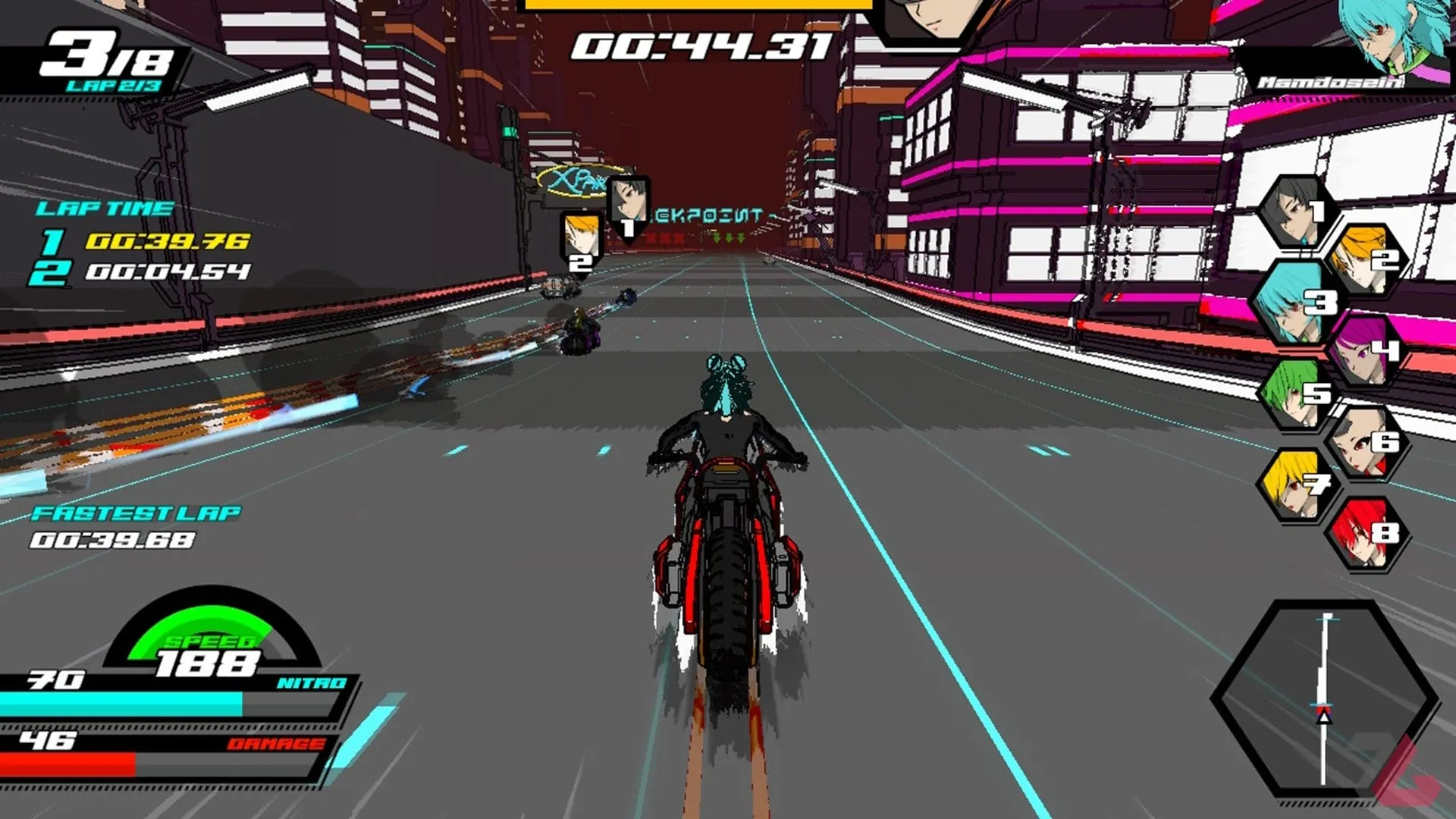 رانندگی با موتورسیکلت در دور دوم در بازی Neon Apex: Beyond the Limit