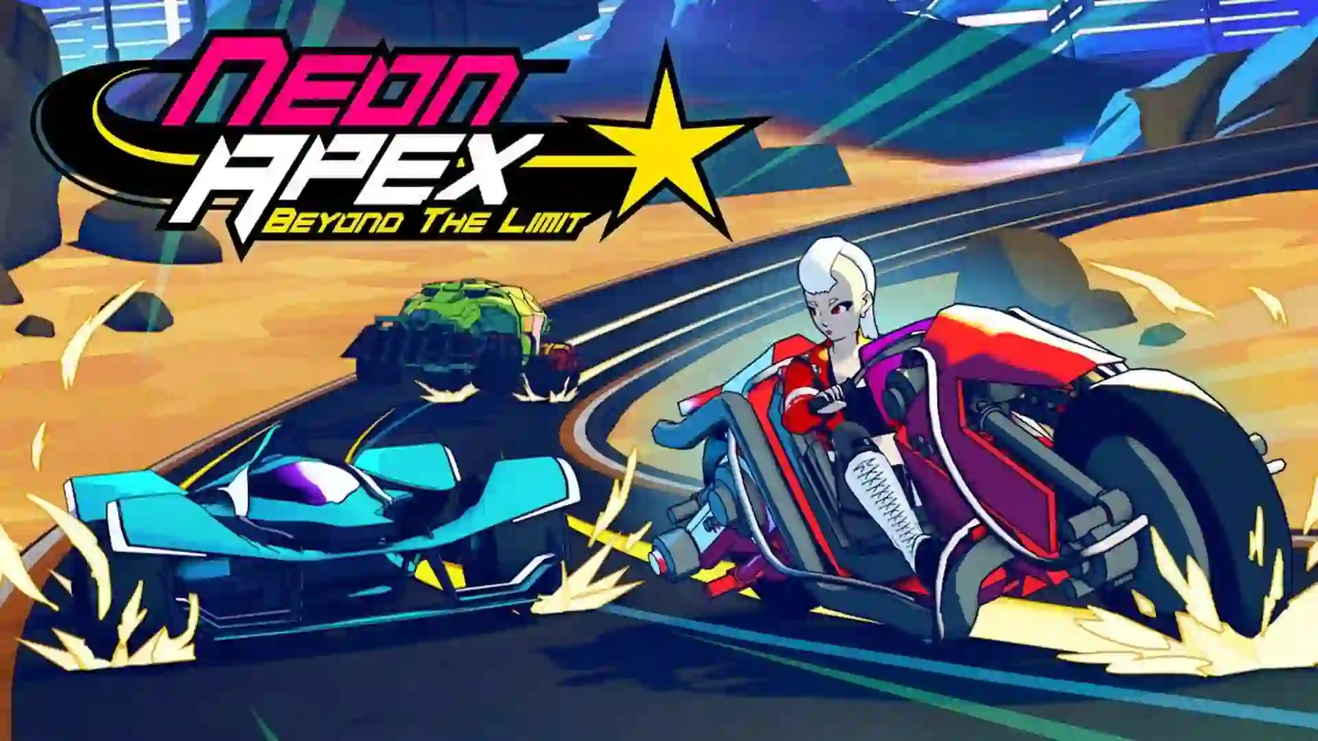 یک موتورسوار در حال مسابقه در پوستر بازی Neon Apex: Beyond the Limit