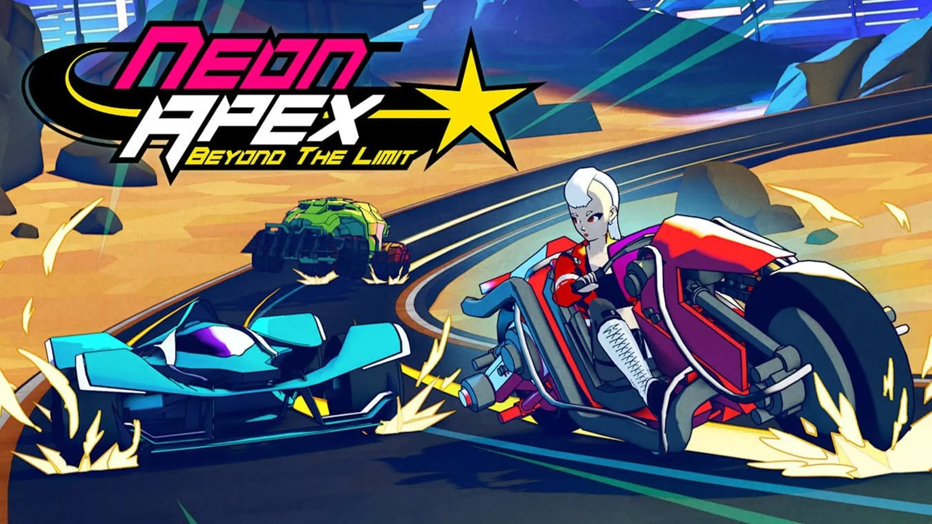 یک موتورسوار در حال مسابقه در پوستر بازی Neon Apex: Beyond the Limit