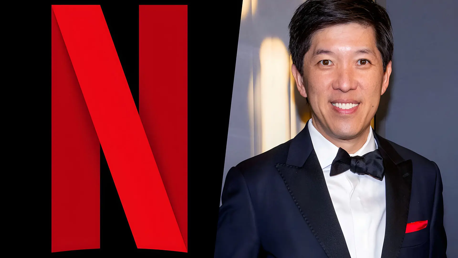 مدیر بخش فیلم نتفلیکس (Netflix) در کنار لوگوی قرمز این شرکت