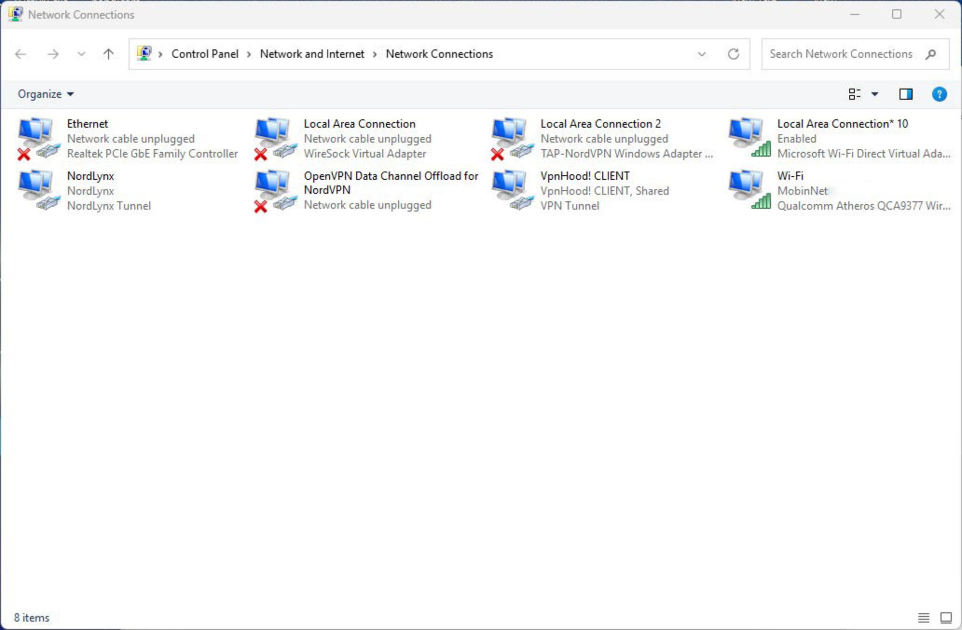 پنجره Network Connections در ویندوز 11