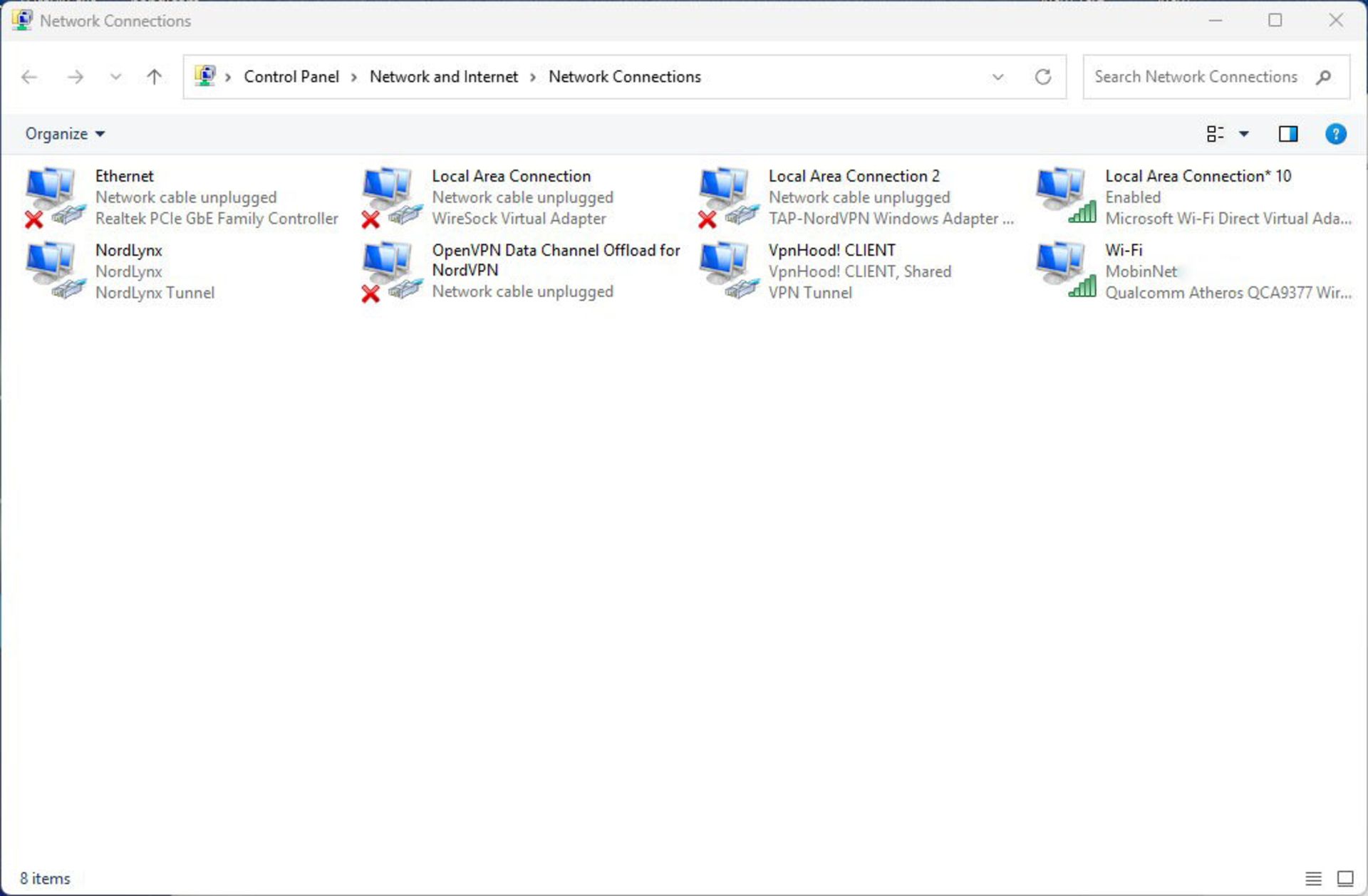 پنجره Network Connections در ویندوز 11