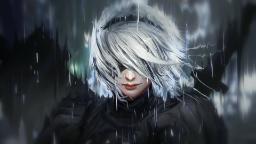 شخصیت سفید موی بازی Nier: Automata زیر باران