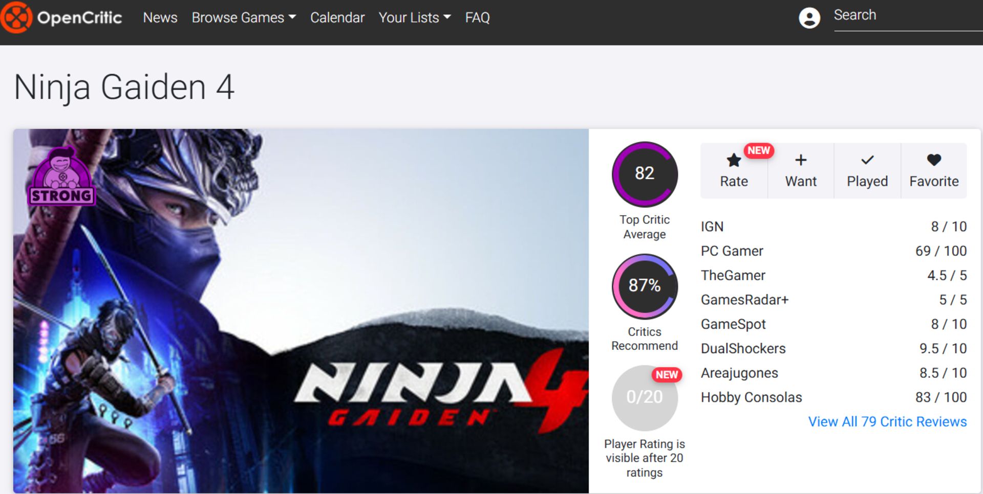 میانگین نقدها و نمرات بازی Ninja Gaiden 4 در وب‌سایت اوپن‌کریتیک (Opencritic)