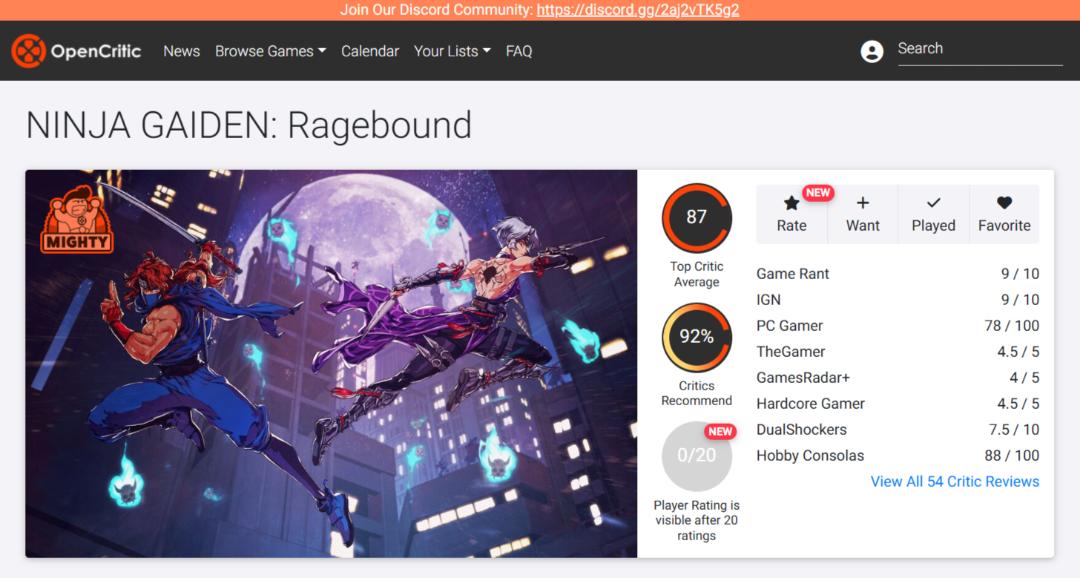 میانگین نقدها و نمرات بازی Ninja Gaiden: Ragebound در وب‌سایت اوپن‌کریتیک (OpenCritic)