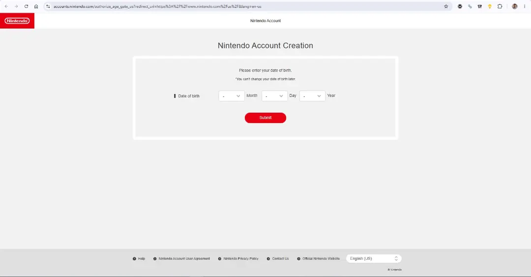 فرم ثبت تاریخ تولد در صفحه ساخت اکانت نینتندو (Nintendo Account)