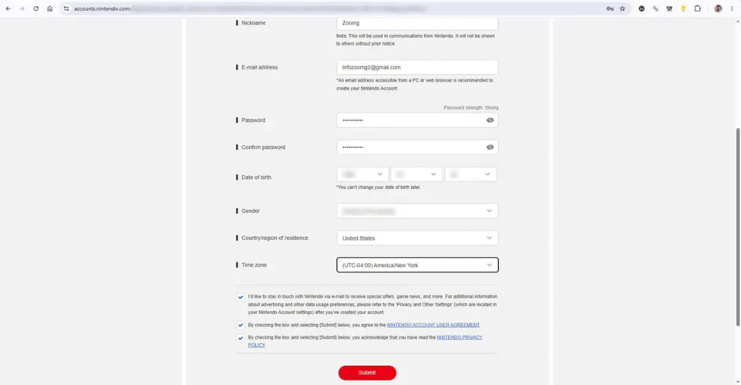 فرم ثبت اطلاعات برای ساخت اکانت نینتندو (Nintendo Account) در وب‌سایت رسمی