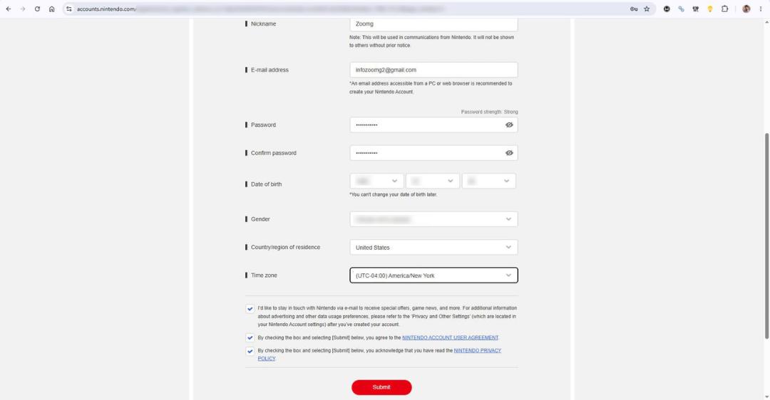 فرم ثبت اطلاعات برای ساخت اکانت نینتندو (Nintendo Account) در وب‌سایت رسمی