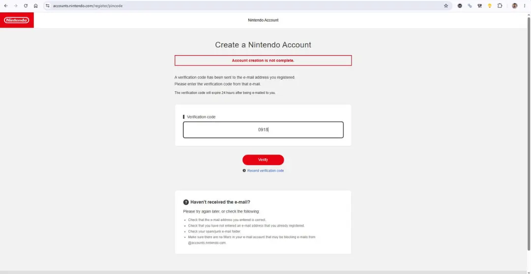 فرم وارد کردن کد تأیید (Verification code) برای ساخت اکانت نینتندو (Nintendo)
